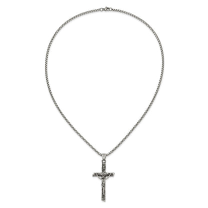 Chisel Stainless Steel Antiqued and Polished INRI Crucifix Pendant on a 22 inch Box Chain Necklace