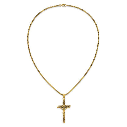 Chisel Stainless Steel Antiqued and Polished Yellow IP-plated INRI Crucifix Pendant on a 22 inch Box Chain Necklace