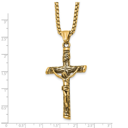 Chisel Stainless Steel Antiqued and Polished Yellow IP-plated INRI Crucifix Pendant on a 22 inch Box Chain Necklace