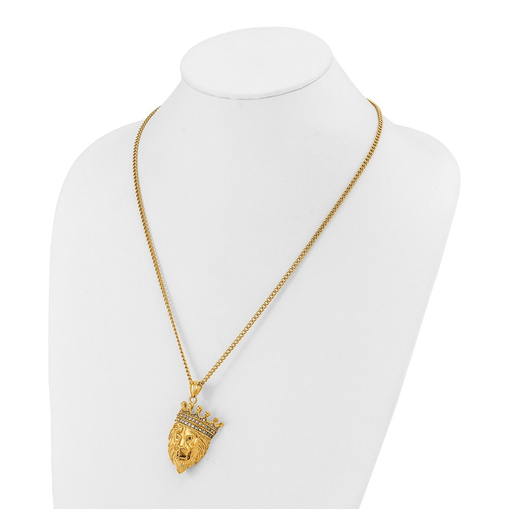 Chisel Stainless Steel Polished Yellow IP-plated with CZ Crown Lion Pendant on a 22 inch Plus a 1.75 inch Extension Curb Chain Necklace