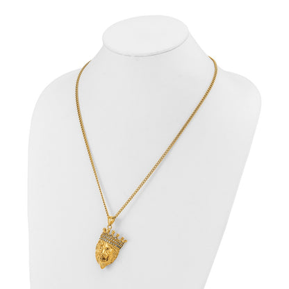 Chisel Stainless Steel Polished Yellow IP-plated with CZ Crown Lion Pendant on a 22 inch Plus a 1.75 inch Extension Curb Chain Necklace