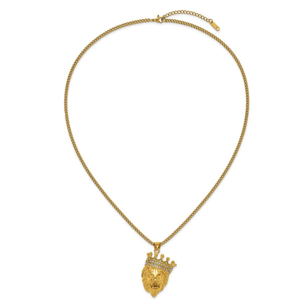 Chisel Stainless Steel Polished Yellow IP-plated with CZ Crown Lion Pendant on a 22 inch Plus a 1.75 inch Extension Curb Chain Necklace