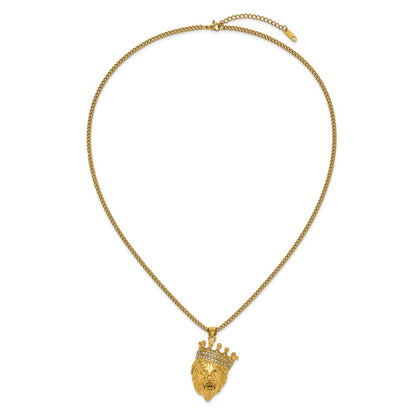 Chisel Stainless Steel Polished Yellow IP-plated with CZ Crown Lion Pendant on a 22 inch Plus a 1.75 inch Extension Curb Chain Necklace