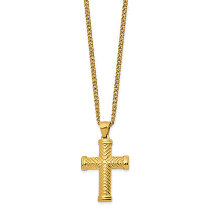 Chisel Stainless Steel Polished Yellow IP-plated Cross Pendant on a 22 inch Plus a 2 inch Curb Chain Necklace