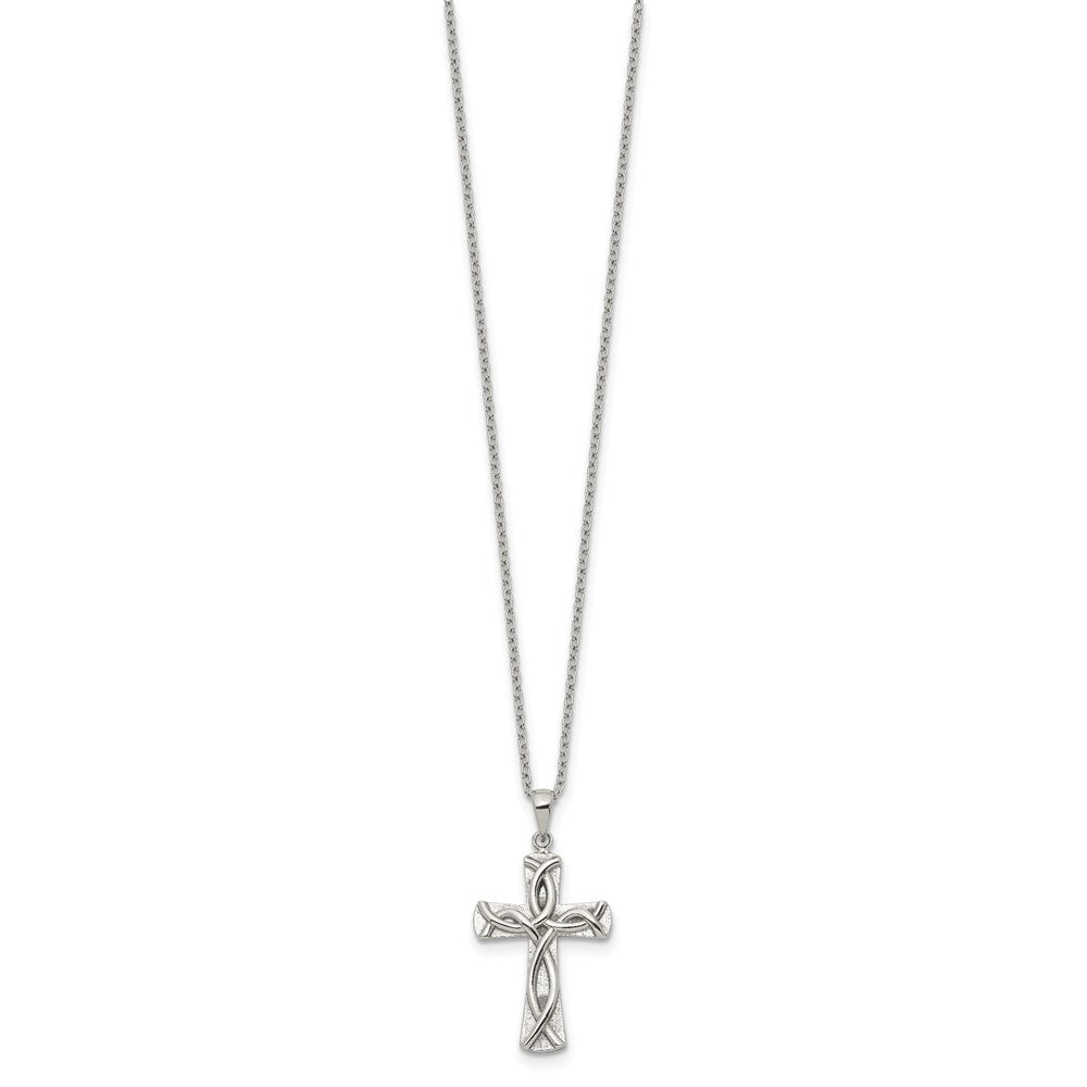 Chisel Stainless Steel Polished Cross with Ichthus Pattern Pendant on an 18 inch Plus a 2 inch Extension Cable Chain Necklace