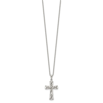 Chisel Stainless Steel Polished Cross with Ichthus Pattern Pendant on an 18 inch Plus a 2 inch Extension Cable Chain Necklace