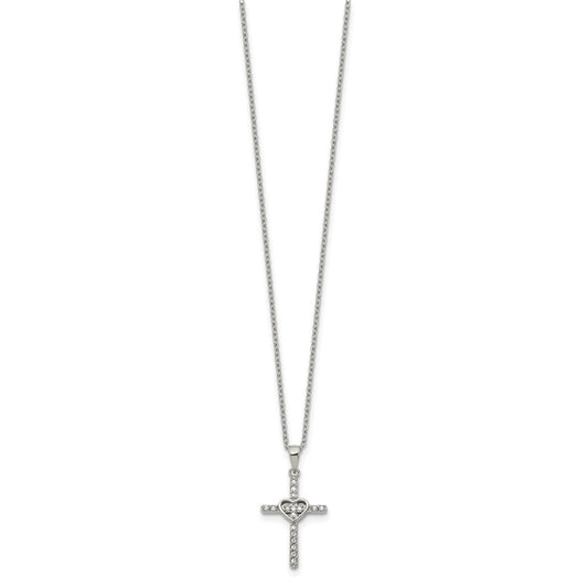 Chisel Stainless Steel Polished with CZ Cross with Heart Pendant on an 18 inch Plus 2 inch Extension Cable Chain Necklace