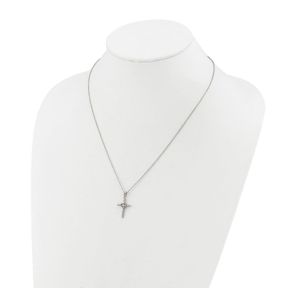 Chisel Stainless Steel Polished with CZ Cross with Heart Pendant on an 18 inch Plus 2 inch Extension Cable Chain Necklace