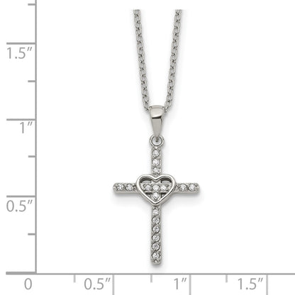 Chisel Stainless Steel Polished with CZ Cross with Heart Pendant on an 18 inch Plus 2 inch Extension Cable Chain Necklace