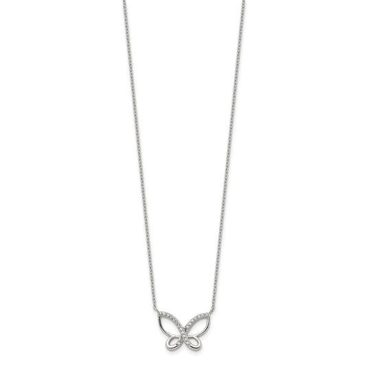 Chisel Stainless Steel Polished CZ Butterfly Pendant on an 18 inch Plus a 2 inch Extension Cable Chain Necklace