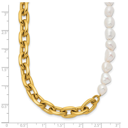 Chisel Stainless Steel Polished Yellow IP-plated Open Link Half Baroque Pearl 20 inch Plus a 2 inch Extension Necklace