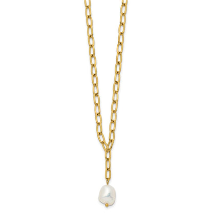 Chisel Stainless Steel Polished Yellow IP-plated Freshwater Cultured Pearl Dangle on an 18 inch Plus 2 inch Extension Open Link Chain Necklace