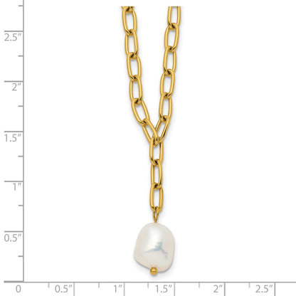 Chisel Stainless Steel Polished Yellow IP-plated Freshwater Cultured Pearl Dangle on an 18 inch Plus 2 inch Extension Open Link Chain Necklace
