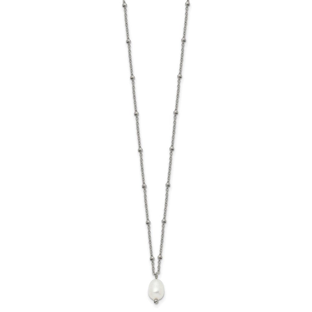 Chisel Stainless Steel Polished Imitation Pearl on a Beaded 16 inch Plus 2 inch Extension Cable Chain Necklace