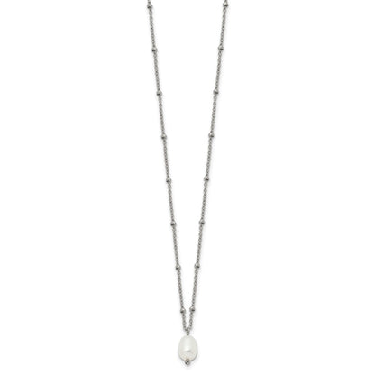 Chisel Stainless Steel Polished Imitation Pearl on a Beaded 16 inch Plus 2 inch Extension Cable Chain Necklace