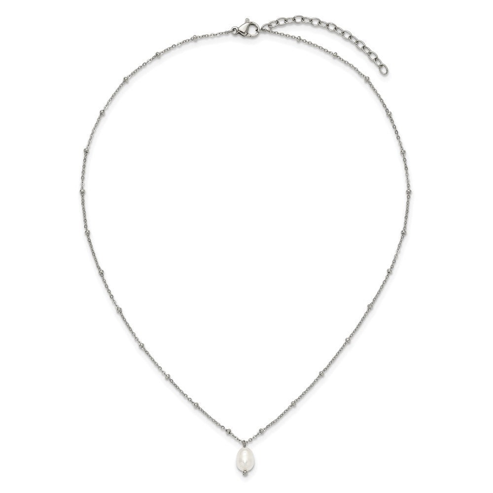Chisel Stainless Steel Polished Imitation Pearl on a Beaded 16 inch Plus 2 inch Extension Cable Chain Necklace