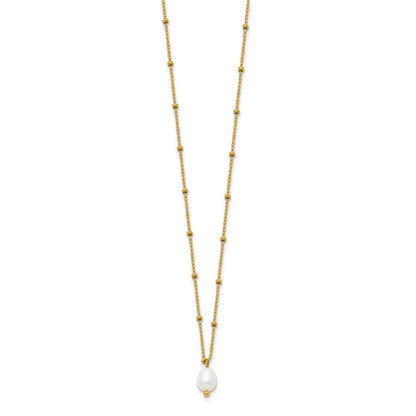 Chisel Stainless Steel Polished Yellow IP-plated Imitation Pearl on a Beaded 16 inch Plus 2 inch Extension Cable Chain Necklace