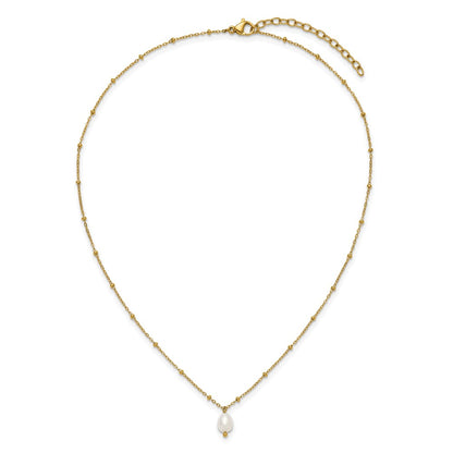 Chisel Stainless Steel Polished Yellow IP-plated Imitation Pearl on a Beaded 16 inch Plus 2 inch Extension Cable Chain Necklace
