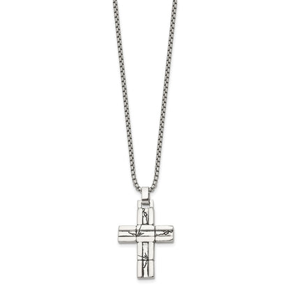 Chisel Stainless Steel Antiqued and Polished Cracked Cross Pendant on a 20 inch Box Chain Necklace