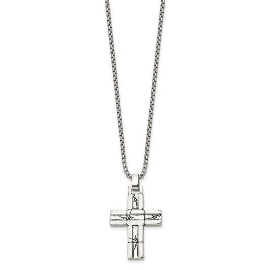 Chisel Stainless Steel Antiqued and Polished Cracked Cross Pendant on a 20 inch Box Chain Necklace
