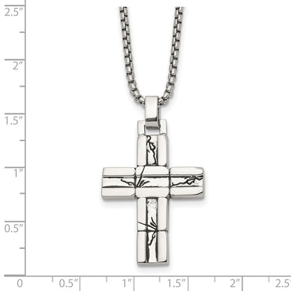Chisel Stainless Steel Antiqued and Polished Cracked Cross Pendant on a 20 inch Box Chain Necklace