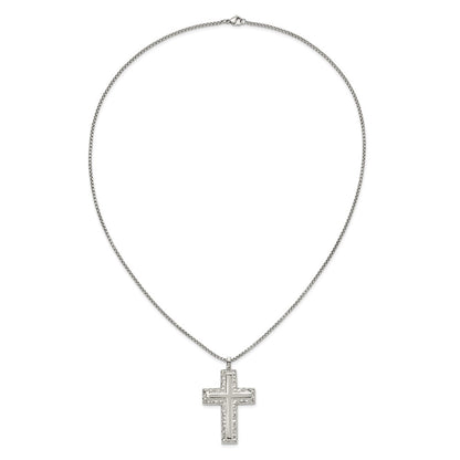 Chisel Stainless Steel Polished and Textured Cross Pendant on a 24 inch Box Chain Necklace