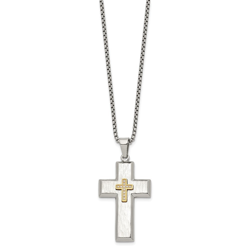 Chisel Stainless Steel Brushed Polished and Hammered Yellow IP-plated with CZ Cross Pendant on a 24 inch Box Chain Necklace