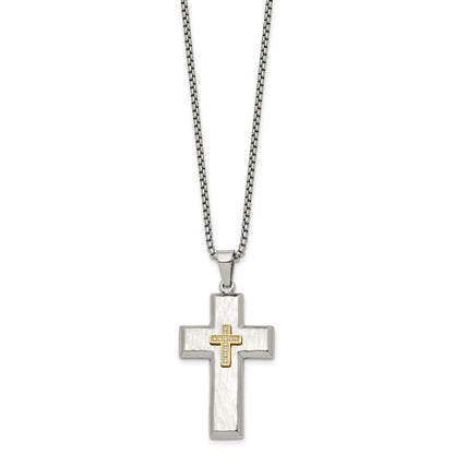 Chisel Stainless Steel Brushed Polished and Hammered Yellow IP-plated with CZ Cross Pendant on a 24 inch Box Chain Necklace