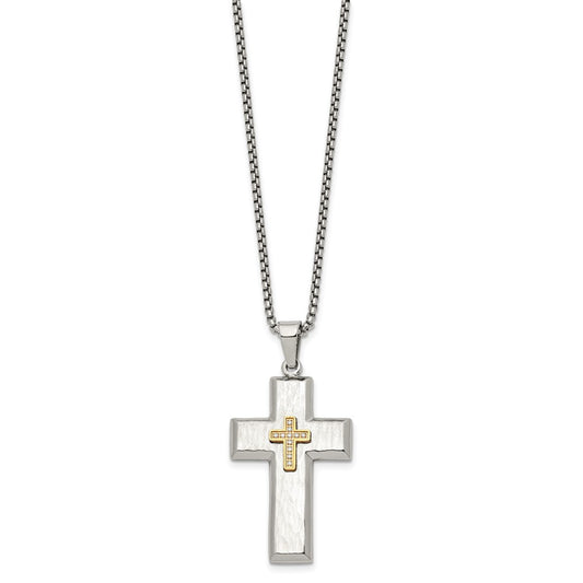 Chisel Stainless Steel Brushed Polished and Hammered Yellow IP-plated with CZ Cross Pendant on a 24 inch Box Chain Necklace