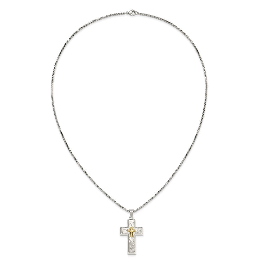 Chisel Stainless Steel Brushed Polished and Hammered Yellow IP-plated with CZ Cross Pendant on a 24 inch Box Chain Necklace