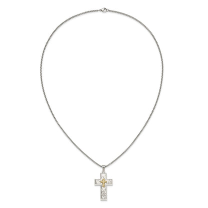 Chisel Stainless Steel Brushed Polished and Hammered Yellow IP-plated with CZ Cross Pendant on a 24 inch Box Chain Necklace