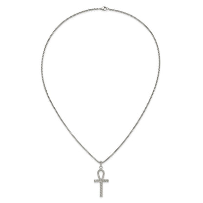 Chisel Stainless Steel Polished and Textured Ankh Cross Pendant on a 24 inch Box Chain Necklace