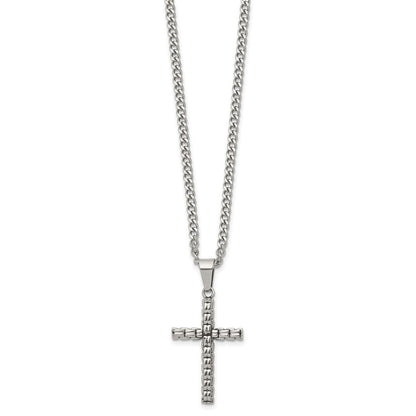Chisel Stainless Steel Polished Woven Cross Pendant on a 22 inch Curb Chain Necklace