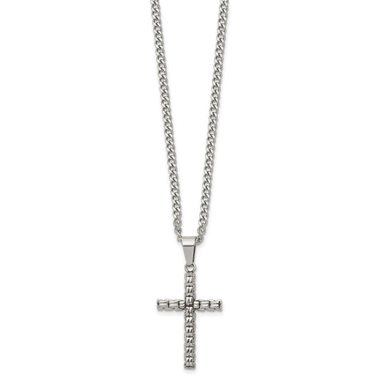 Chisel Stainless Steel Polished Woven Cross Pendant on a 22 inch Curb Chain Necklace