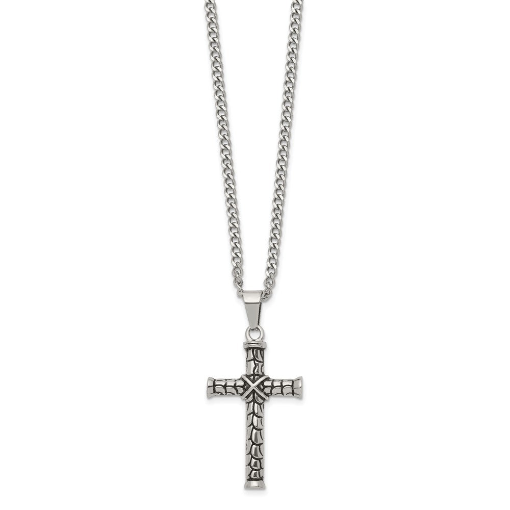 Chisel Stainless Steel Antiqued and Polished Cross Pendant on a 22 inch Curb Chain Necklace