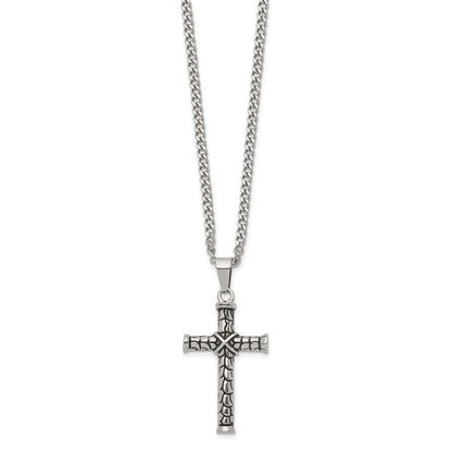 Chisel Stainless Steel Antiqued and Polished Cross Pendant on a 22 inch Curb Chain Necklace