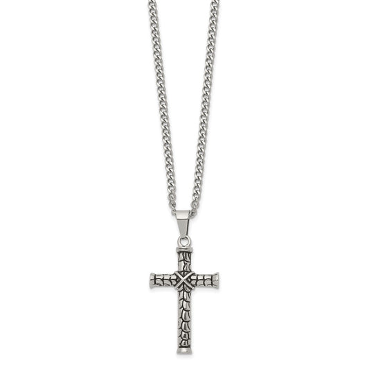 Chisel Stainless Steel Antiqued and Polished Cross Pendant on a 22 inch Curb Chain Necklace