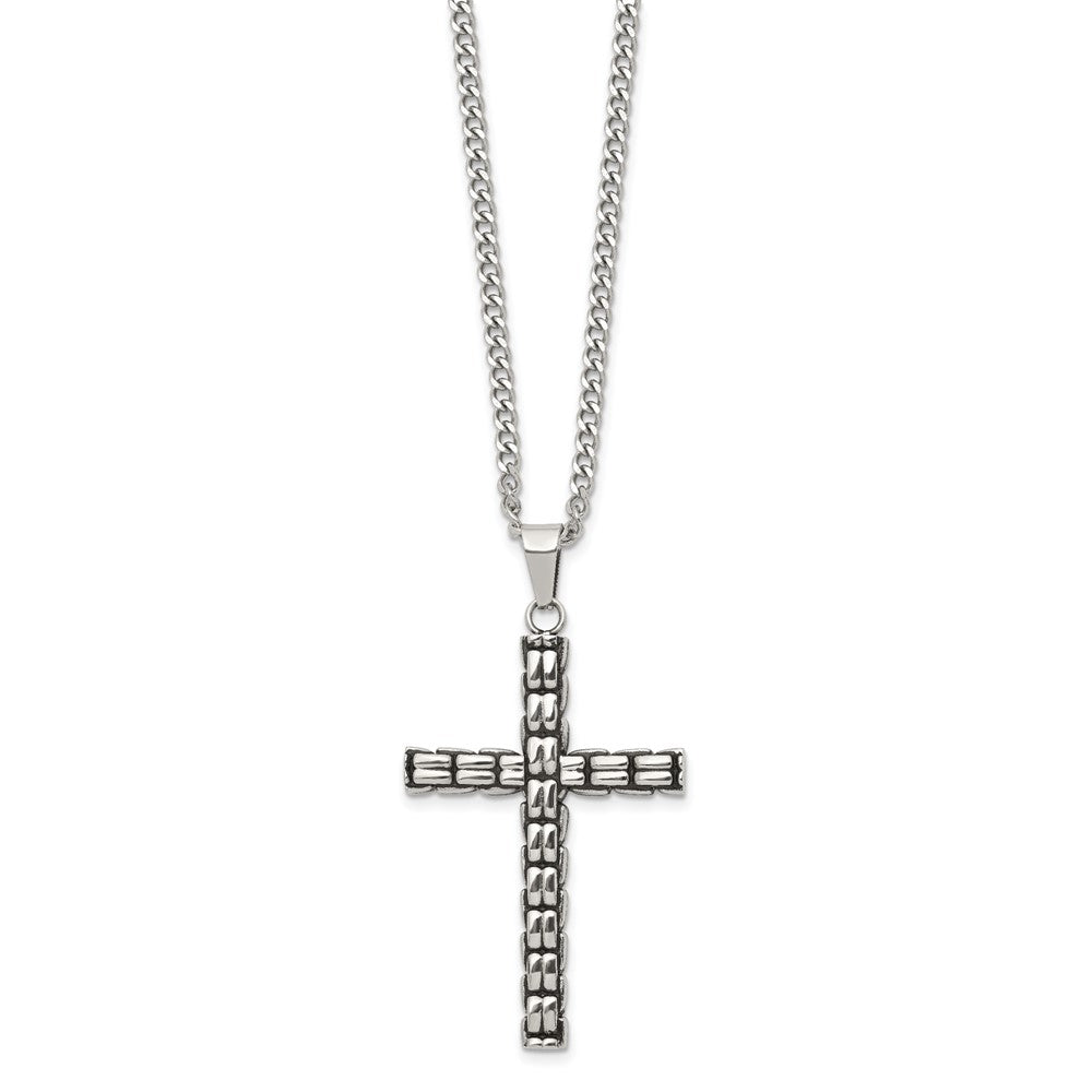 Chisel Stainless Steel Polished and Antiqued Woven Cross Pendant on a 22 inch Curb Chain Necklace