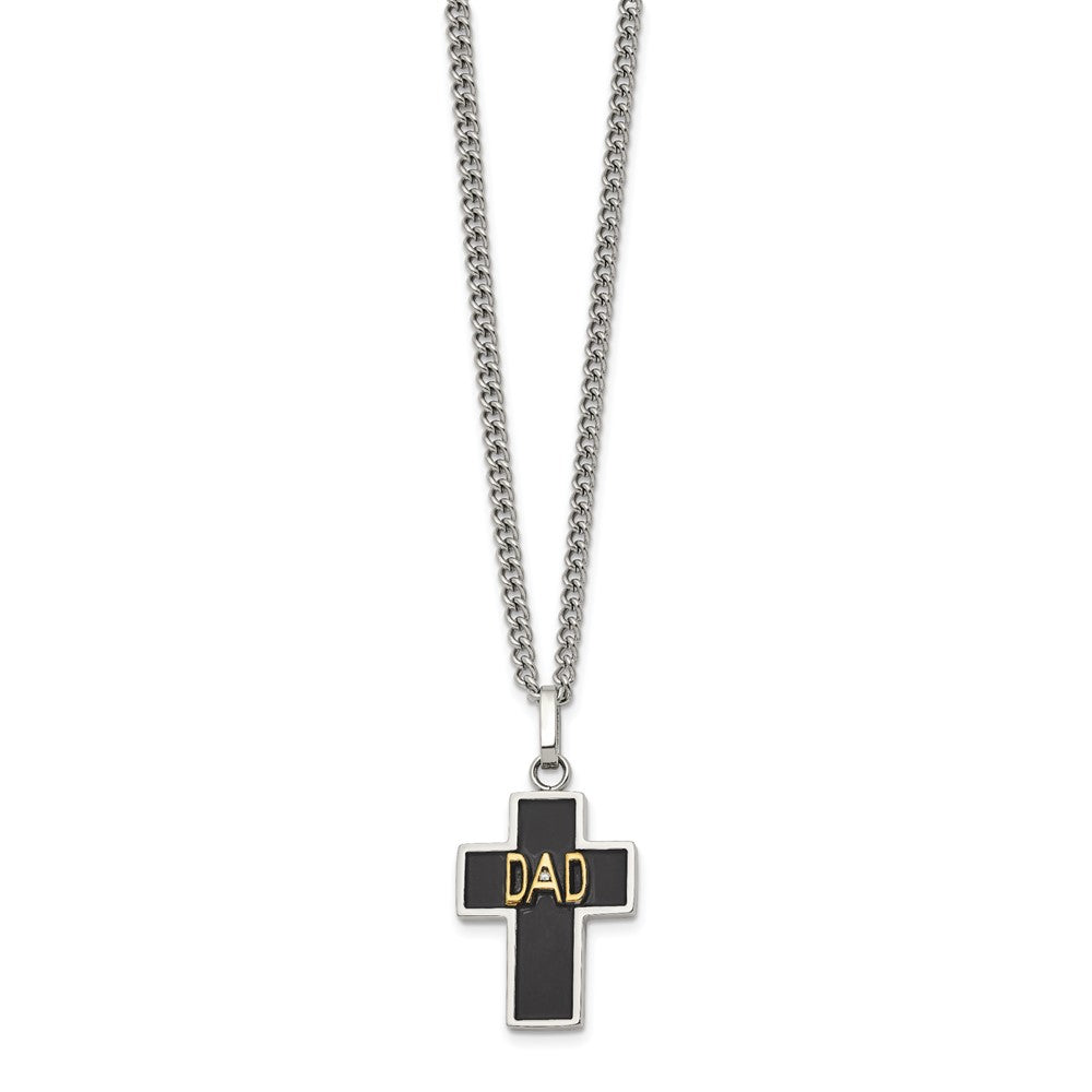 Chisel Stainless Steel Polished with 14K Accent and .01ct Diamond DAD with Black Enamel Cross Pendant on a 24 inch Curb Chain Necklace