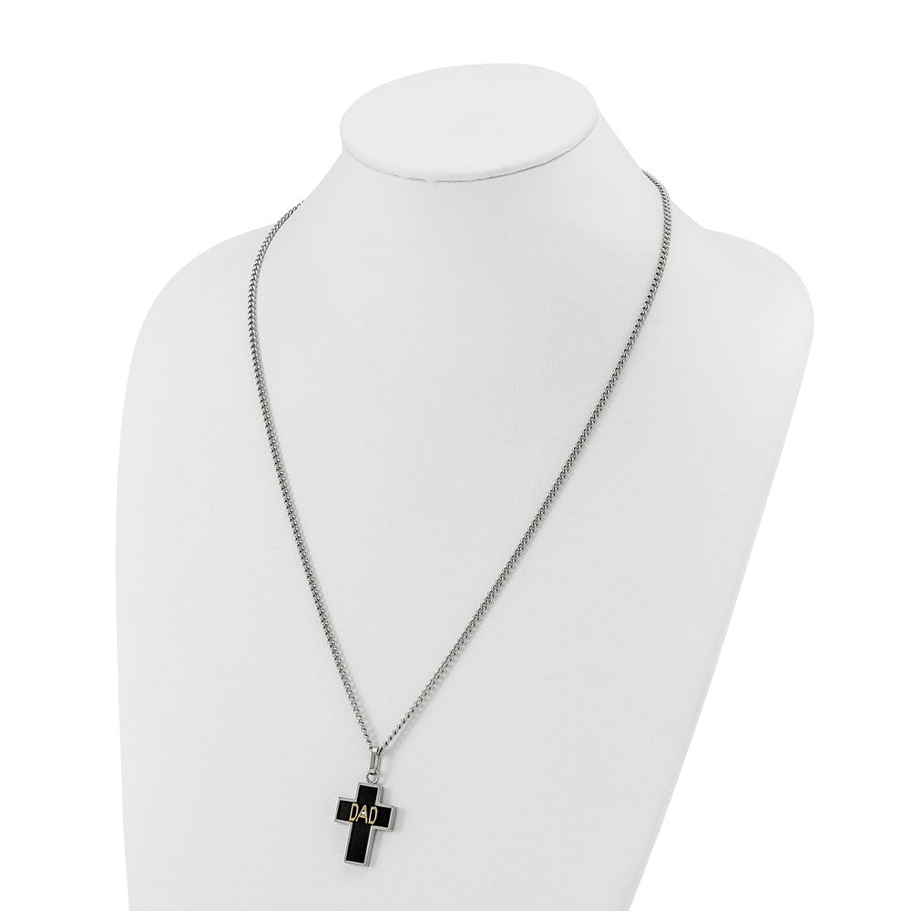 Chisel Stainless Steel Polished with 14K Accent and .01ct Diamond DAD with Black Enamel Cross Pendant on a 24 inch Curb Chain Necklace