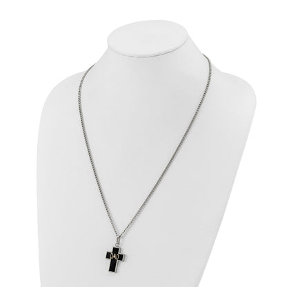 Chisel Stainless Steel Polished with 14K Accent and .01ct Diamond DAD with Black Enamel Cross Pendant on a 24 inch Curb Chain Necklace
