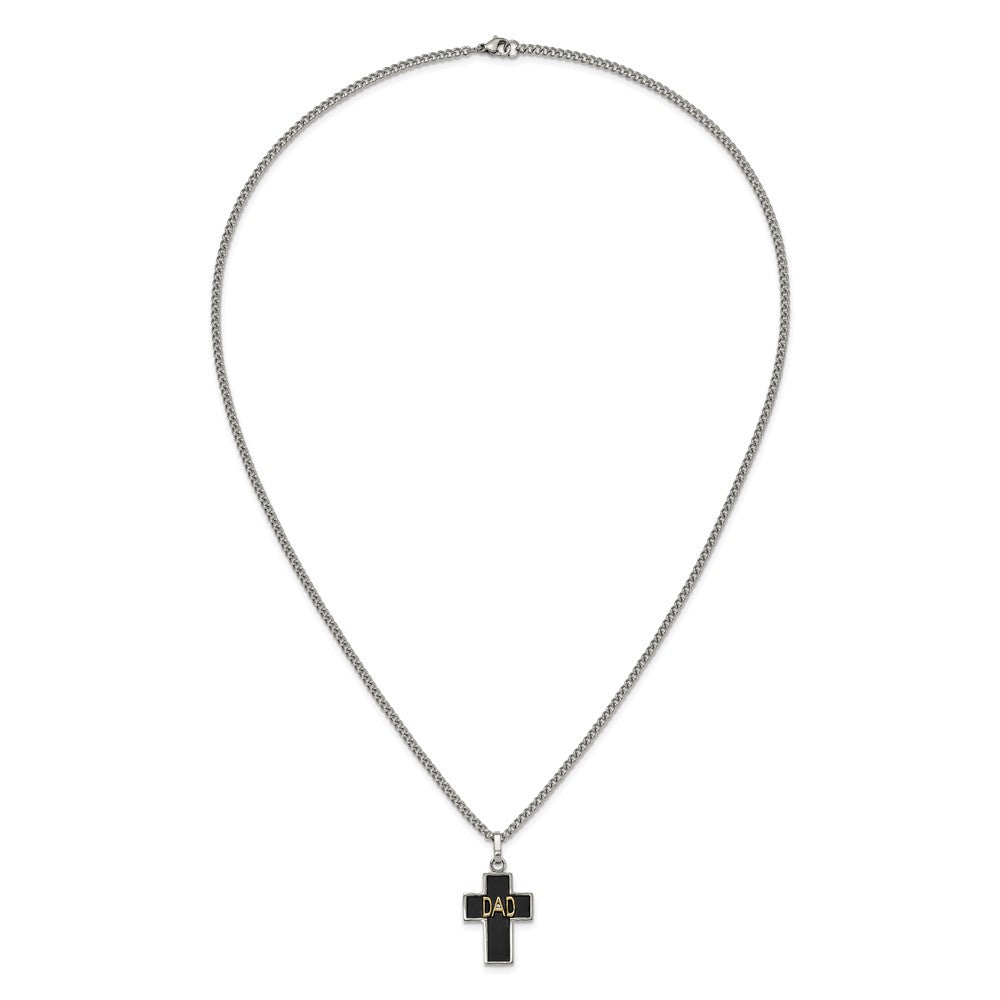 Chisel Stainless Steel Polished with 14K Accent and .01ct Diamond DAD with Black Enamel Cross Pendant on a 24 inch Curb Chain Necklace
