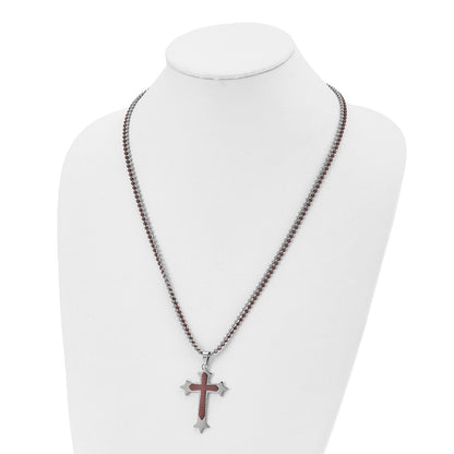 Chisel Stainless Steel Polished Brown IP-plated Cross Pendant on 24 inch Double Ball Chain Necklace