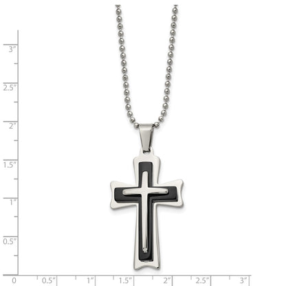 Chisel Stainless Steel Polished with Black Acrylic Cross Pendant on a 24 inch Ball Chain Necklace