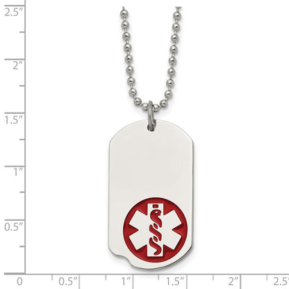 Chisel Stainless Steel Polished with Red Enamel Medical ID Dog Tag on a 22 inch Ball Chain Necklace
