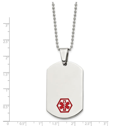Chisel Stainless Steel Polished with Red Enamel Medical ID Dog Tag on a 24 inch Ball Chain Necklace