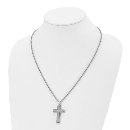 Chisel Stainless Steel Polished and Laser Cut Moveable Cross Pendant on a 22 inch Rope Chain Necklace