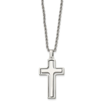Chisel Stainless Steel Polished and Laser Cut Moveable Cross Pendant on a 22 inch Rope Chain Necklace
