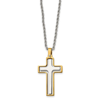Chisel Stainless Steel Polished Laser Cut Center Yellow IP-plated Moveable Cross Pendant on 22 inch Rope Chain Necklace