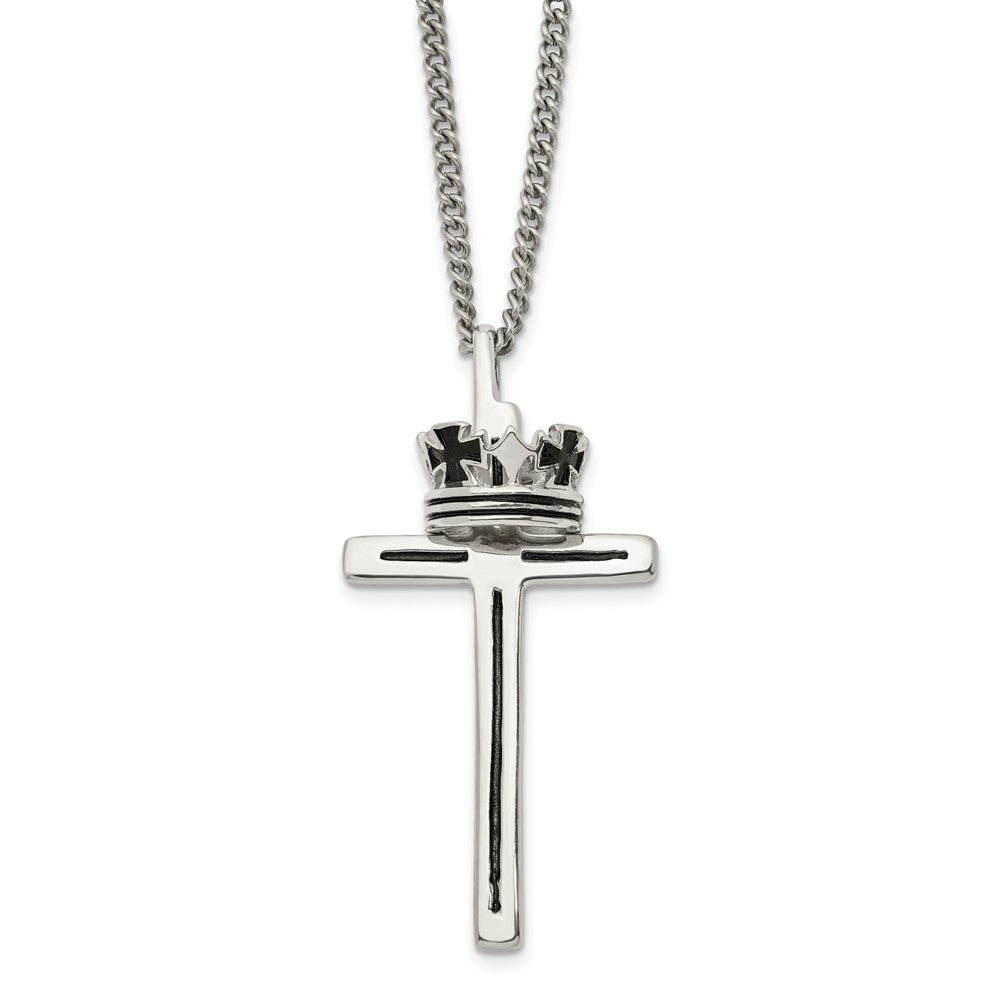 Chisel Stainless Steel Polished and Enameled 2 Piece Cross with Crown Pendant on a 22 inch Curb Chain Necklace